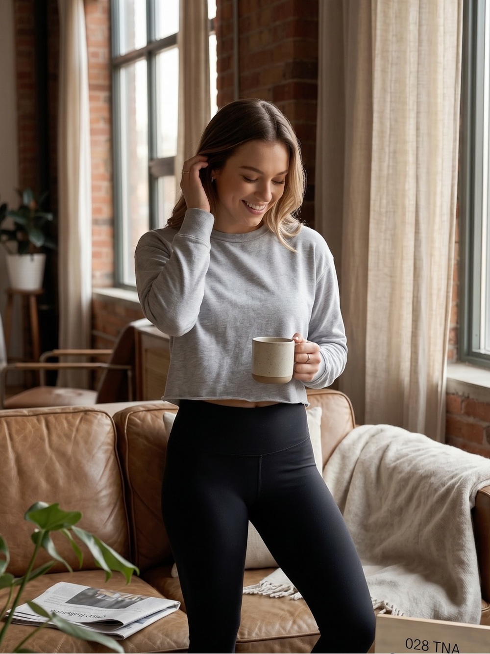 TNA Light Gray Cropped Long-Sleeve Crew Top